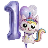 Шар Кот единорог с фольгированной единицей №747