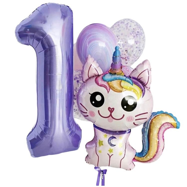 Шар Кот единорог с фольгированной единицей №747