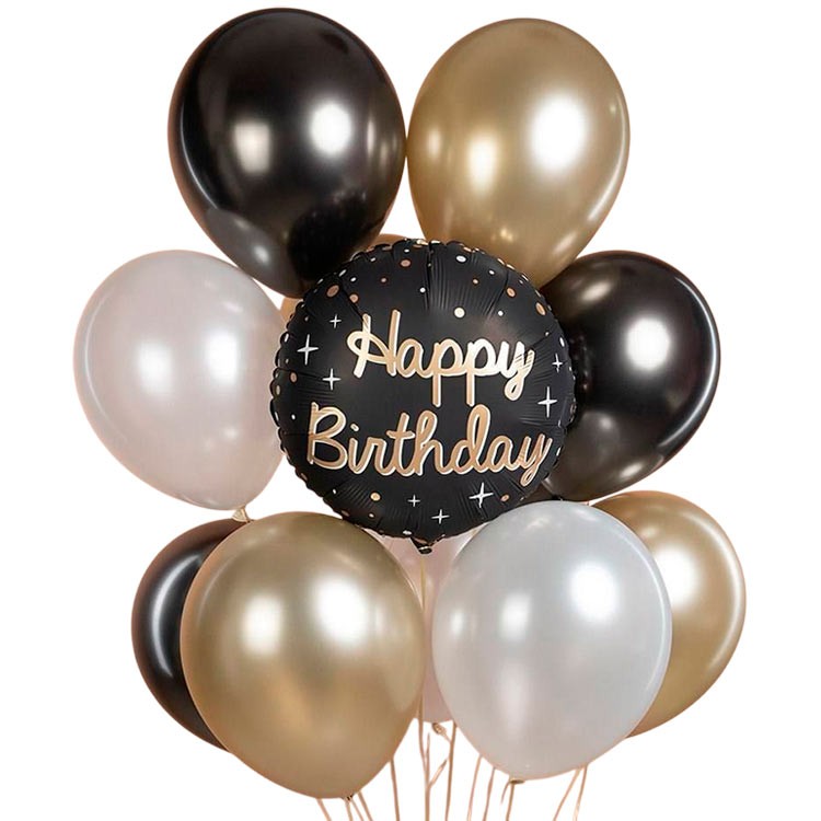Черный фольгированный круг Happy Birthday с набором шариков №1501