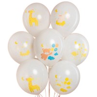 Белые воздушные шарики с животными: жирафы, мишки, зайчики №1449